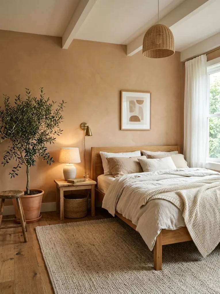 Minimal bedroom with matte warm paint, wooden furniture, and cozy styling