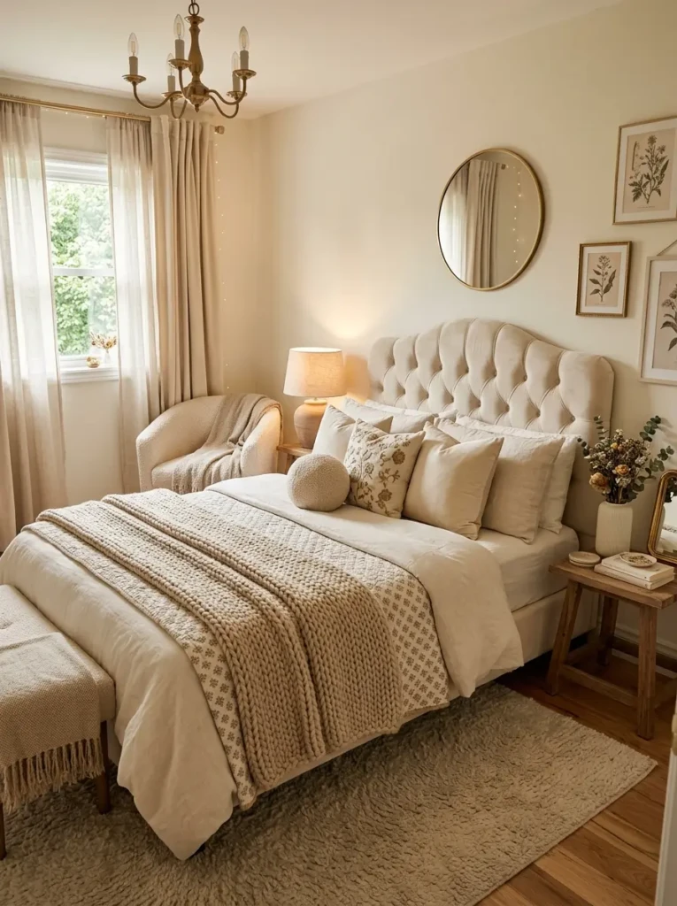 Cozy feminine bedroom with cream upholstered headboard and layered bedding