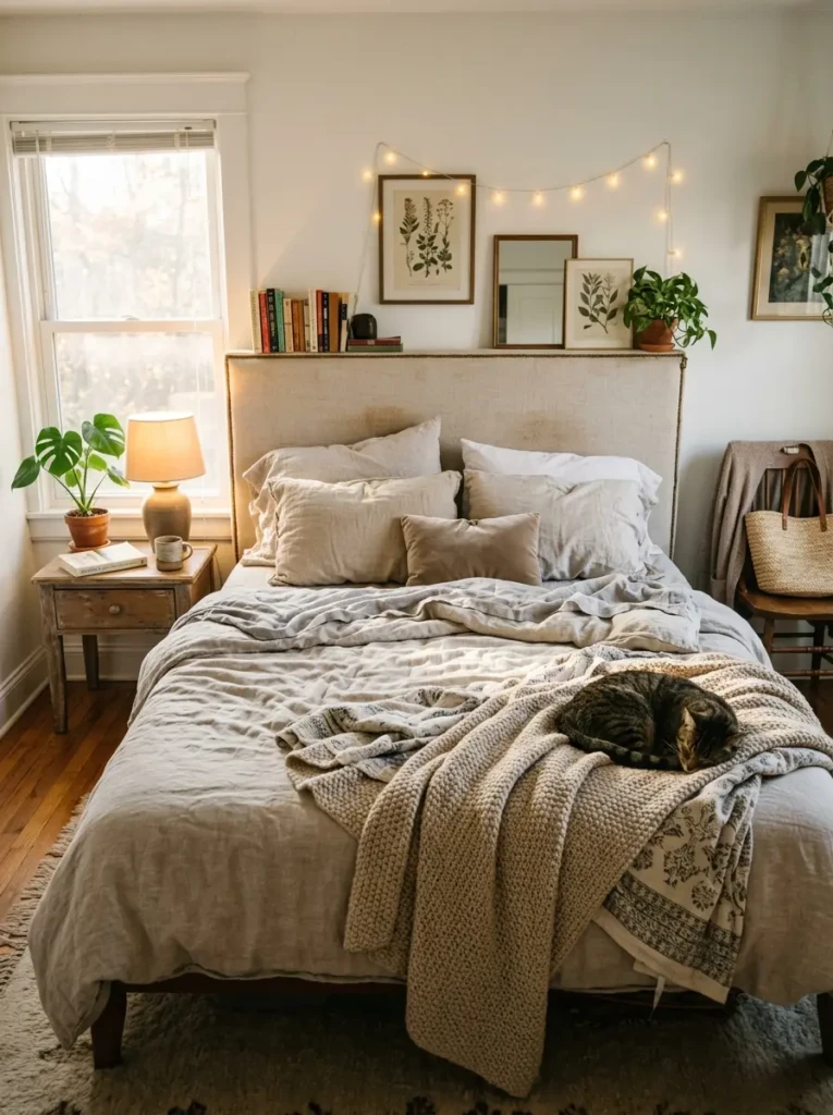 Cozy bedroom with casually draped blankets, wrinkled linen bedding, and warm sunlight