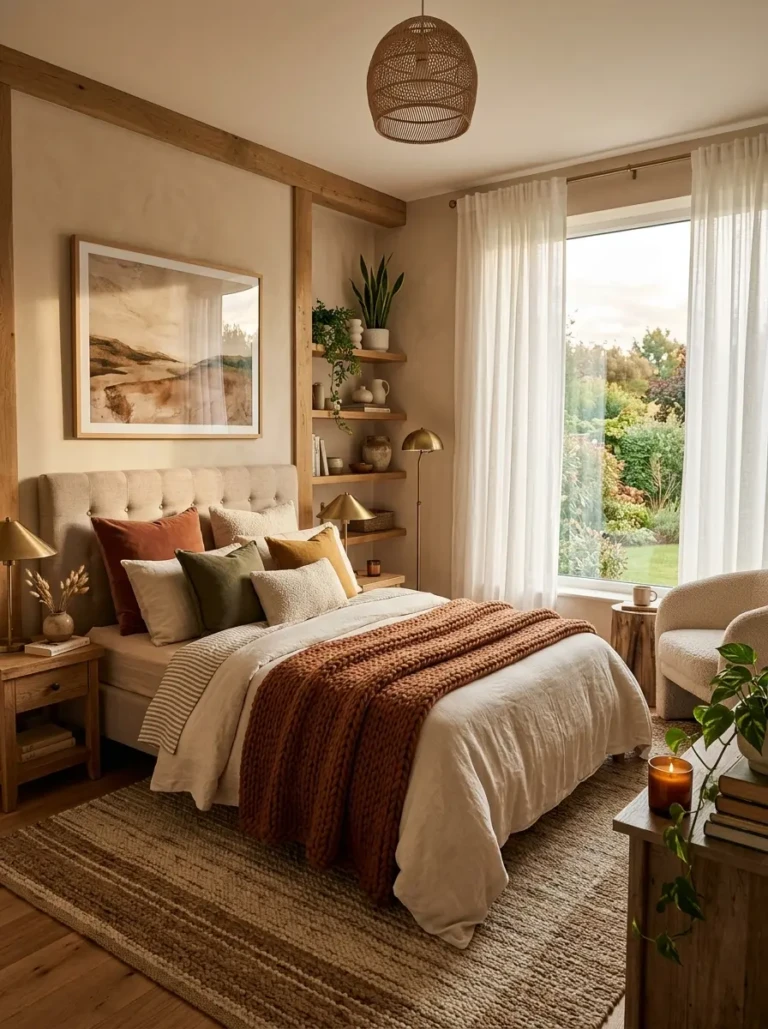 Beautiful cozy bedroom featuring earthy tones, airy curtains, plush textures, and elegant decor styling.