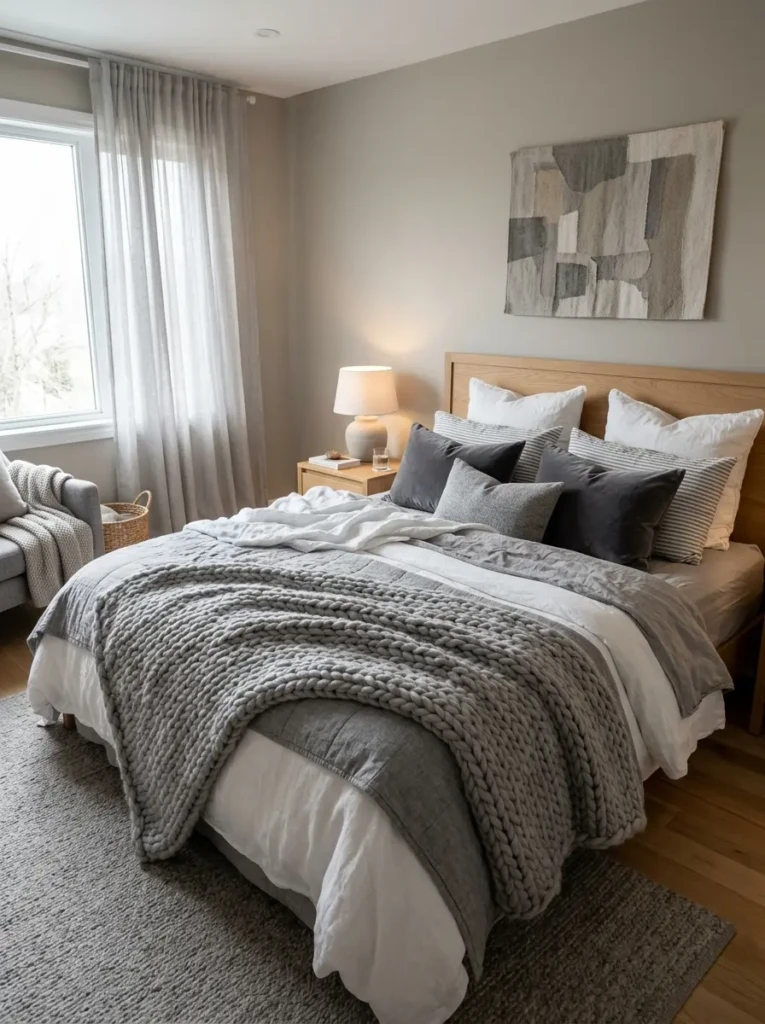Soft grey and white bedroom with layered textiles chunky knit throw and plush pillows creating a warm cloud-like feel