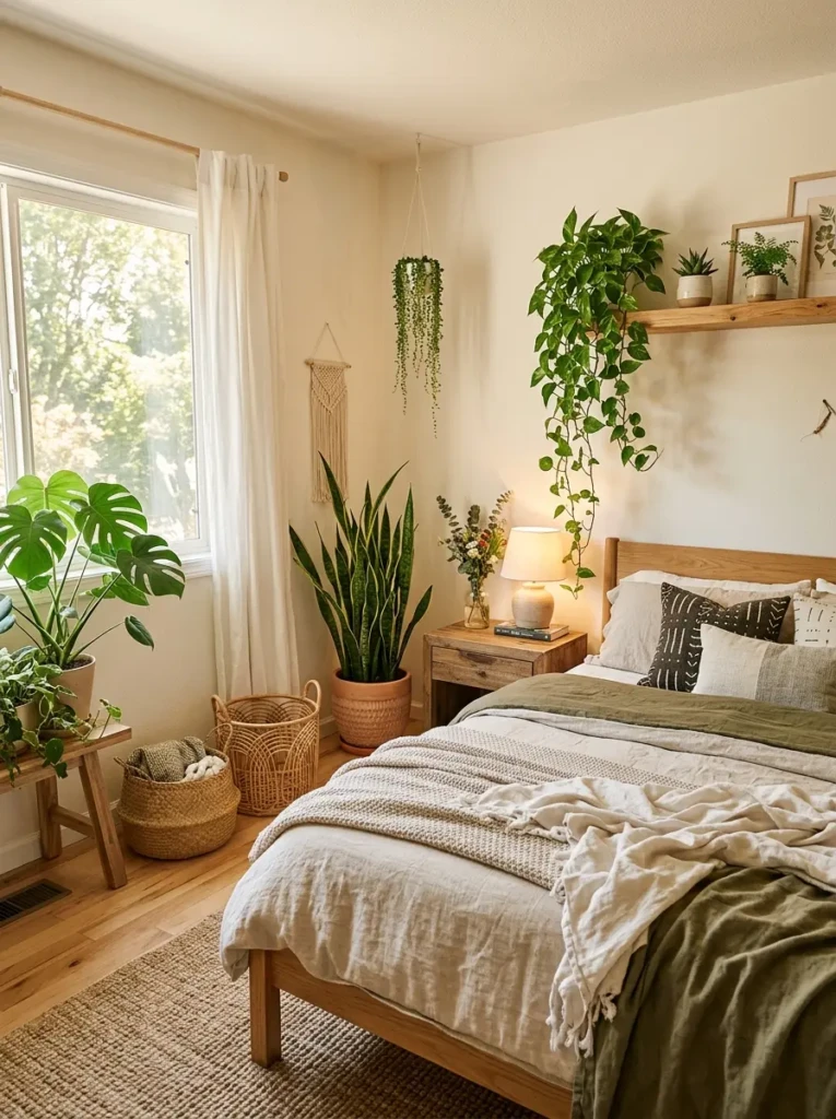 Cozy couple bedroom with indoor plants, woven baskets, and soft natural light
