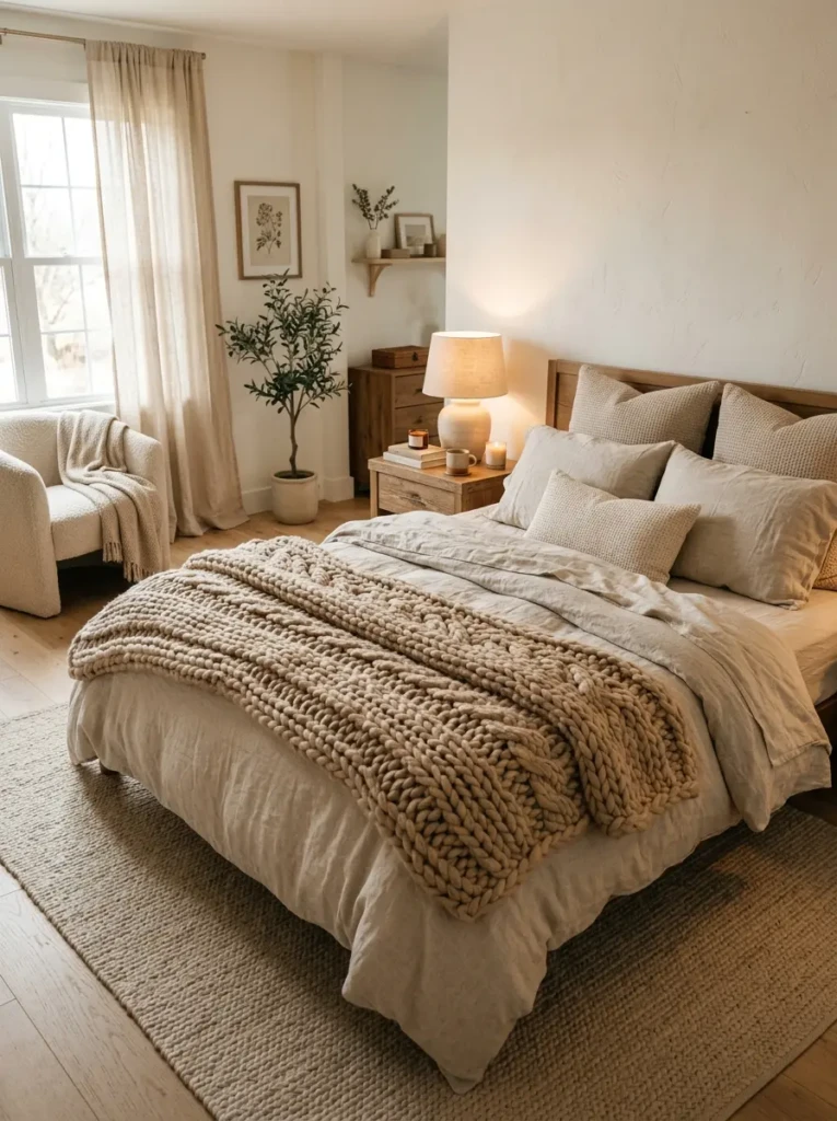 Cozy bed with oversized chunky knit throw blanket draped casually across soft neutral bedding