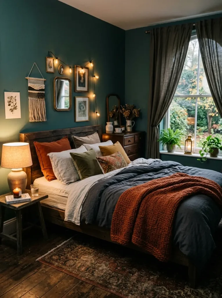 A cozy bedroom with rust-colored knit blankets, layered bedding, and soft ambient lighting.