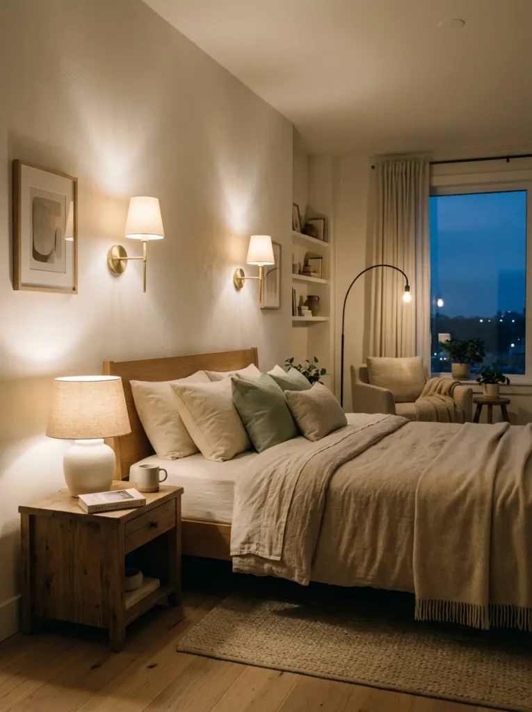 Modern cozy bedroom with wall sconces, dimmable lamps, and soft golden evening lighting.