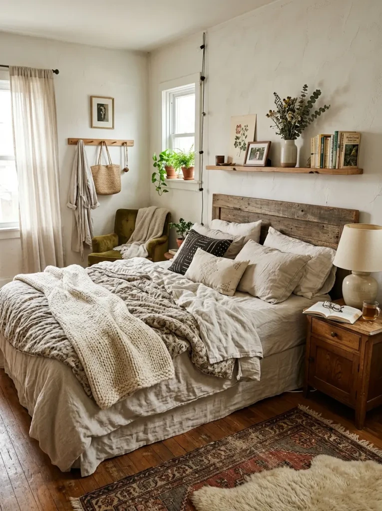 Beautiful imperfect bedroom with layered textures, personal decor, and peaceful cozy ambiance.