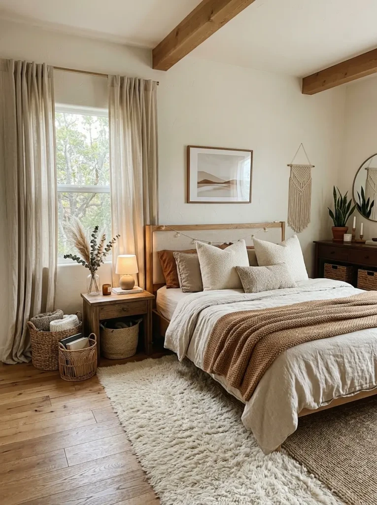 Bedroom featuring linen, boucle, woven textures, and soft cozy neutral decor