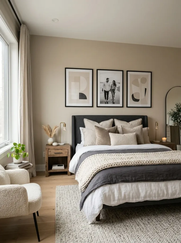 Modern couple bedroom featuring minimal wall art and elegant neutral decor