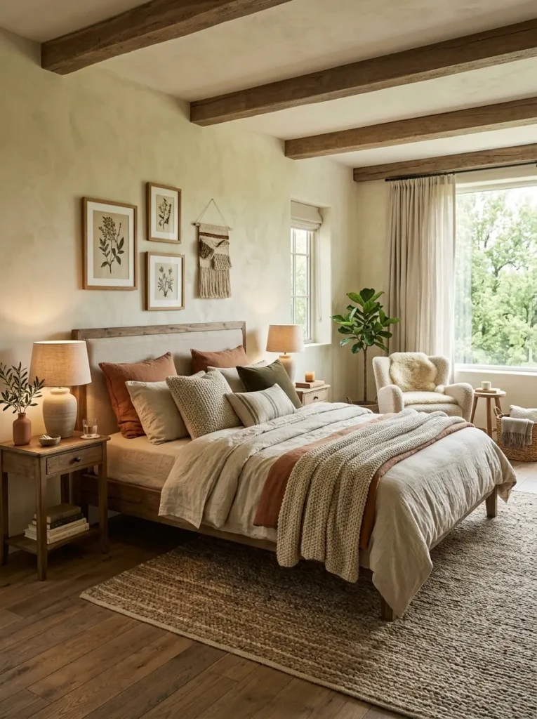 Stylish cozy bedroom with warm earthy tones and calming natural textures