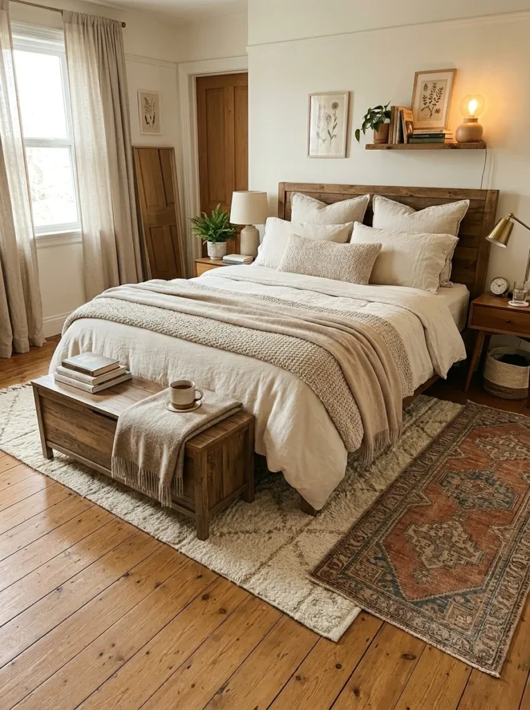 Cozy bedroom with neutral bedding, large rug under the bed, vintage runner beside it, wood floor, and textured blankets.