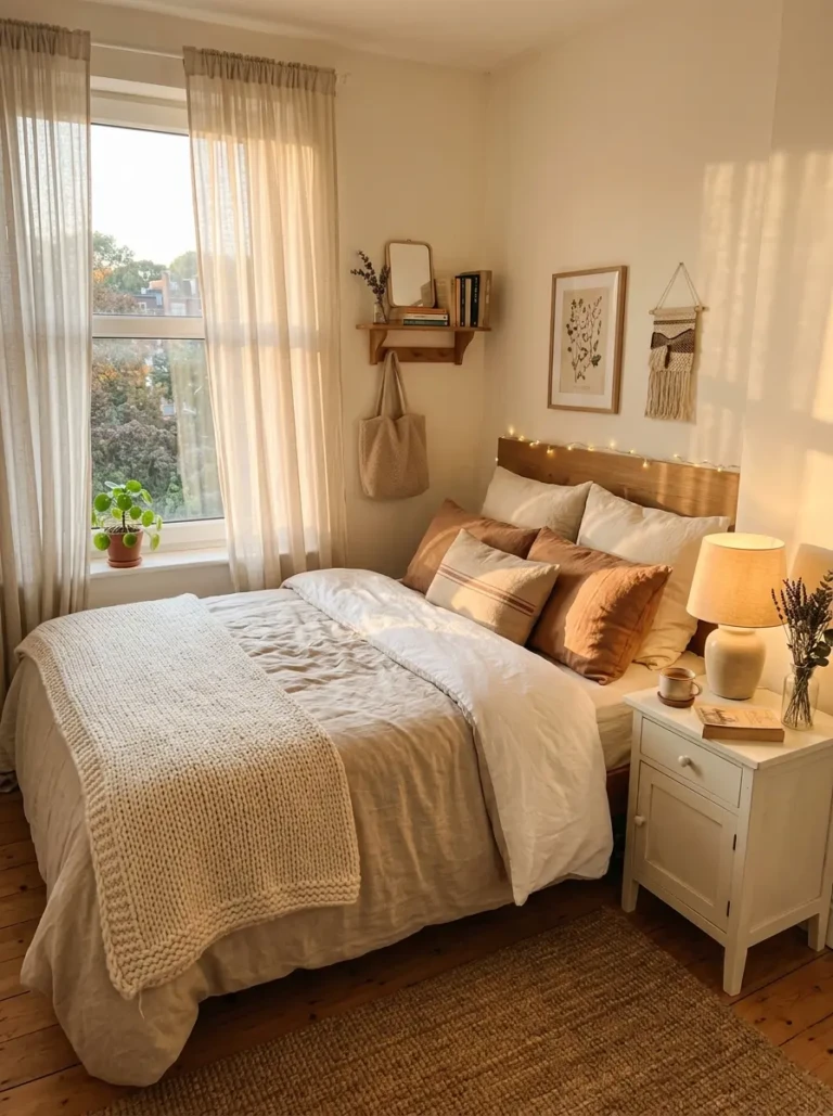 Cozy small bedroom with warm neutral bedding, sheer curtains, soft sunlight, and budget-friendly decor.