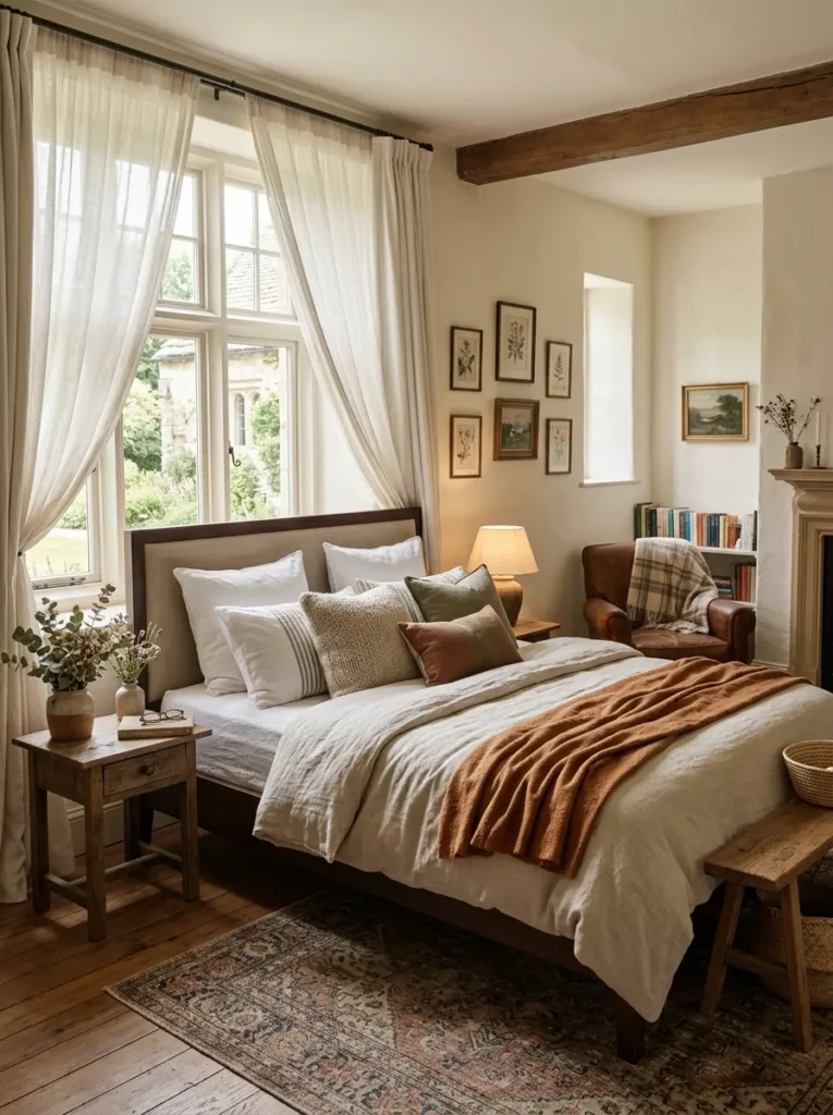 Elegant cozy bedroom with earthy colors, airy curtains, warm textures, and peaceful atmosphere.
