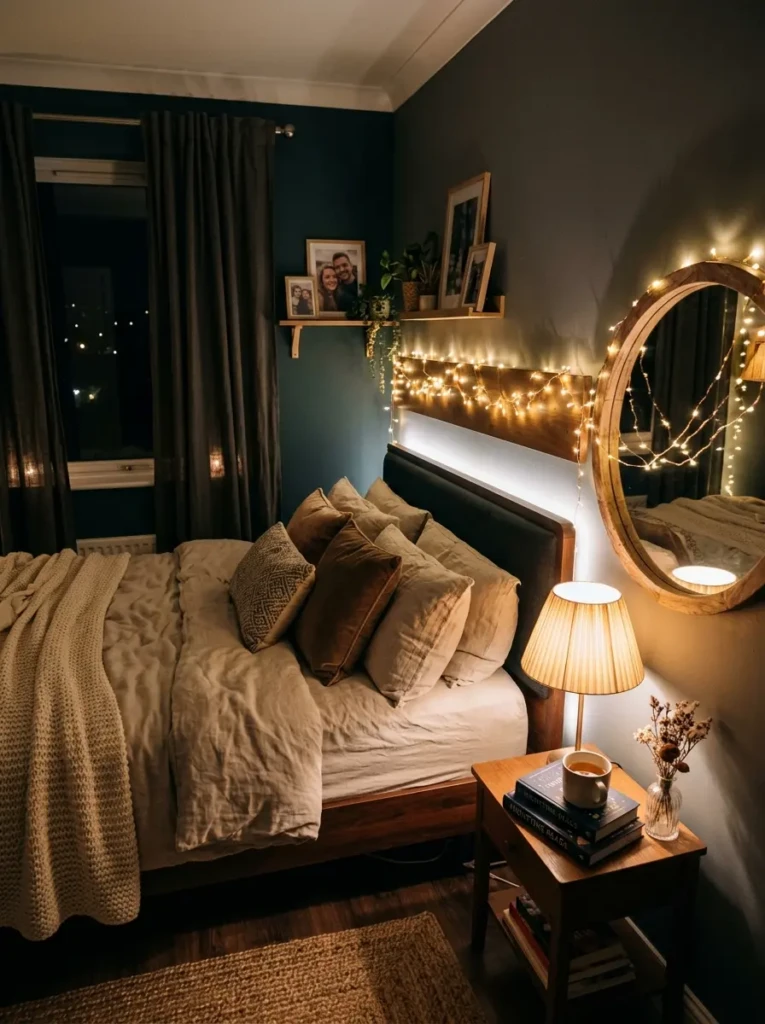 Cozy bedroom with warm bedside lamp, fairy lights, LED glow, and soft evening atmosphere.
