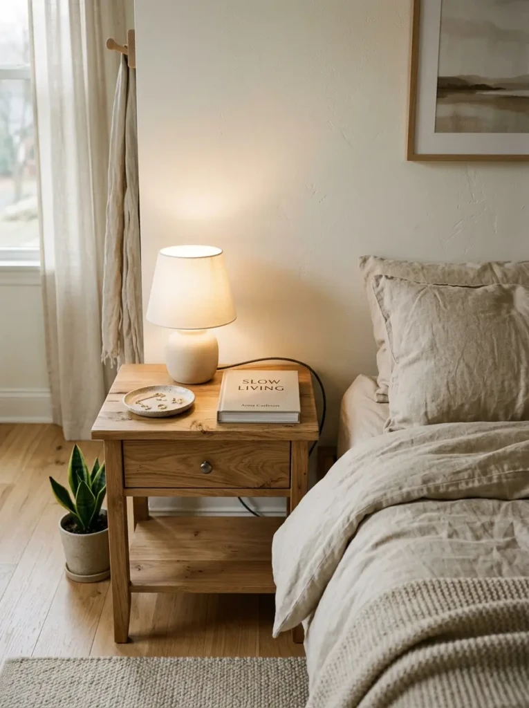 Natural wood nightstand with drawer, warm lamp, jewelry dish, and clutter-free bedside styling.