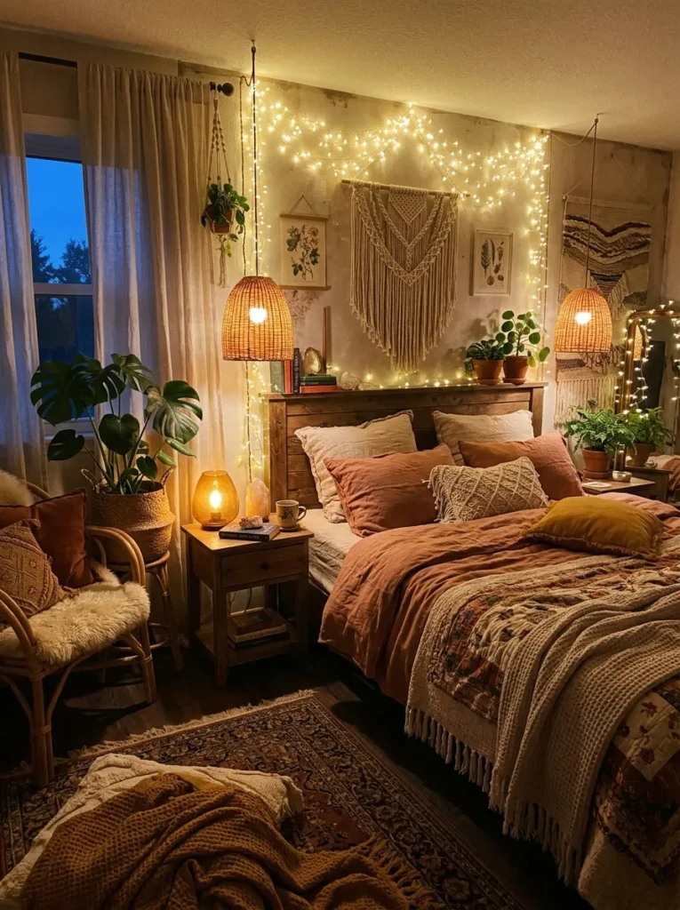 Cozy boho bedroom with fairy lights, woven pendant lamps, and soft amber lighting