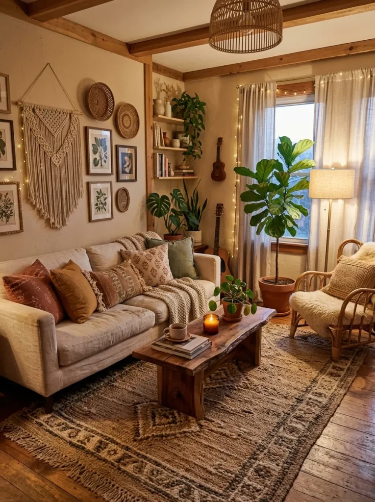 Cozy boho living room with earthy pillows, textured rug, soft lighting, plants, natural materials, and warm inviting decor.
