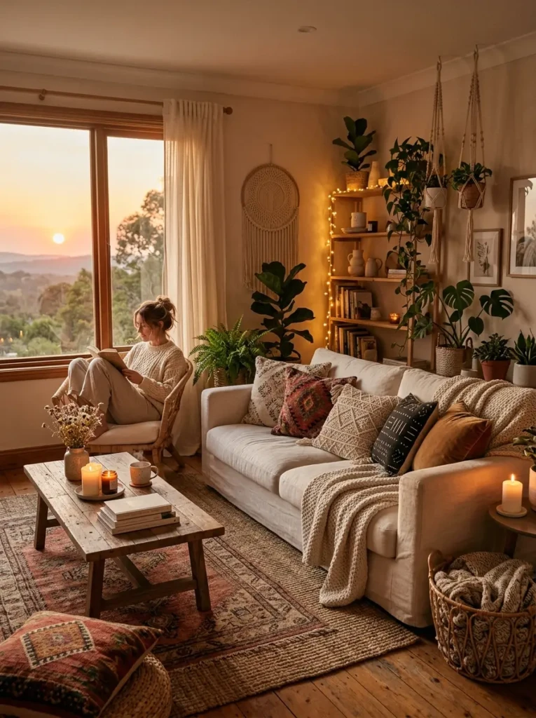 Inviting boho living room bathed in golden sunset light with soft textures and plants