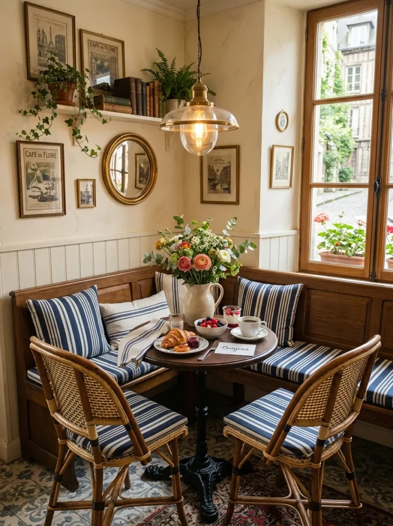 Charming café-inspired breakfast nook with bistro table, pendant lighting, and cozy seating.