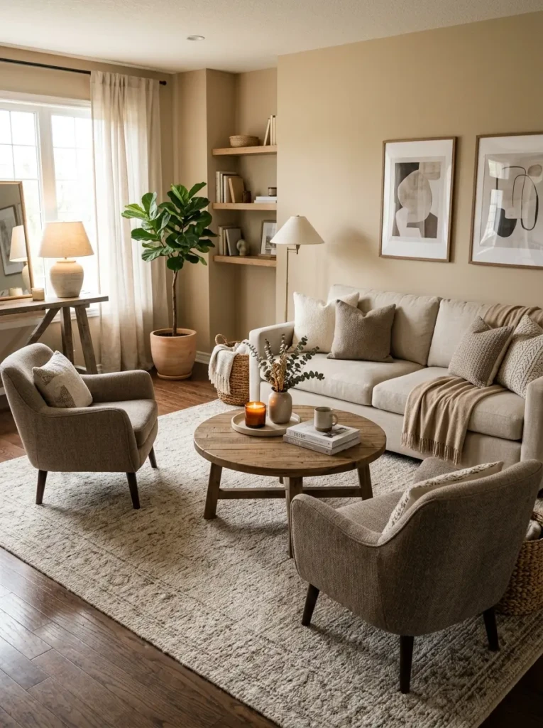 Living room seating area with sofa, angled chairs, neutral rug, and centered coffee table for conversation.