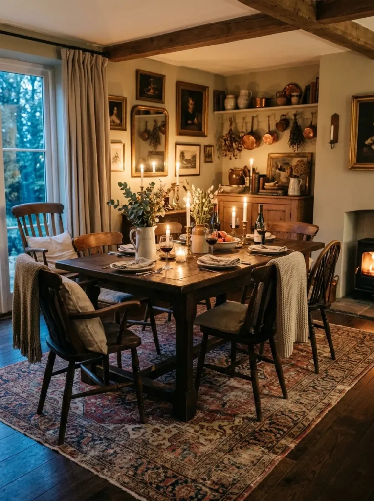 Cozy dining room styled with a faded Persian rug, warm lighting, and charming collected decor.