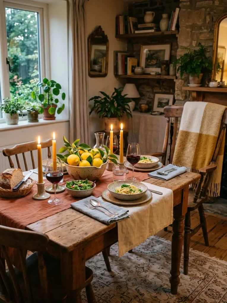 Warm dining table decorated with candles, handmade ceramics, and cozy personal touches