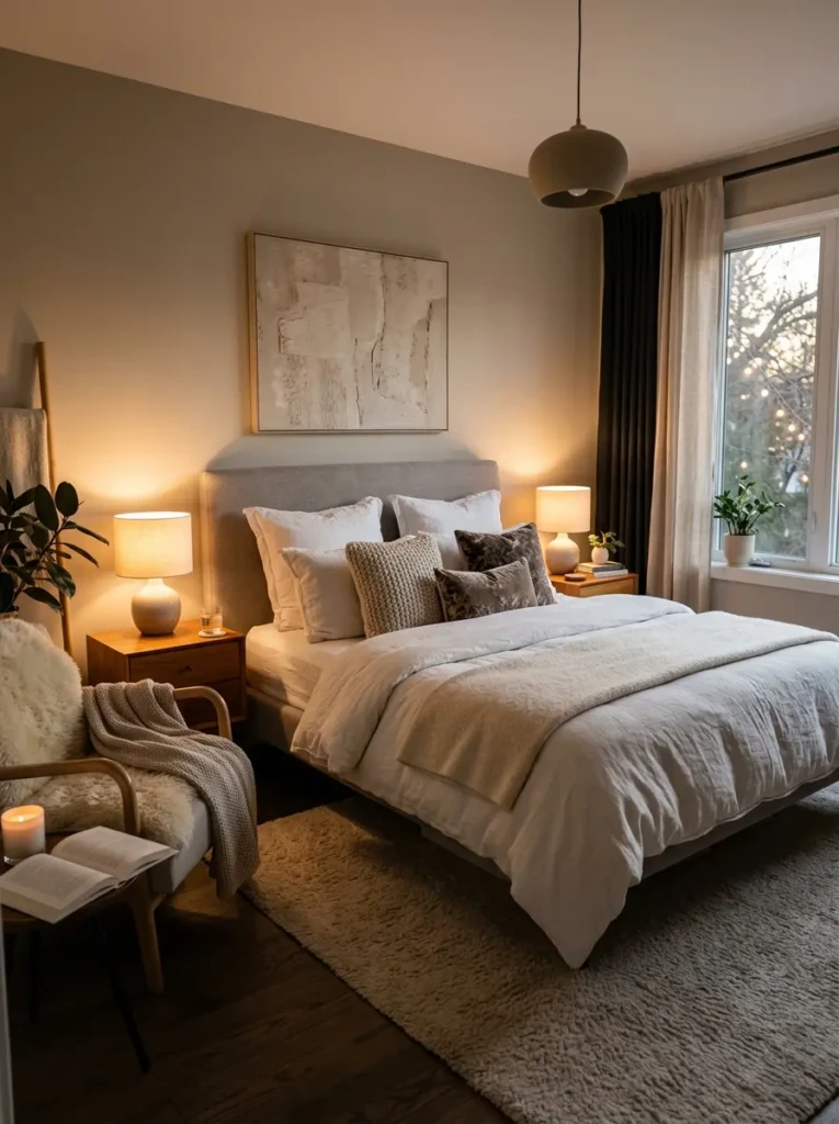 Warm elegant bedroom with layered bedding, soft lighting, cozy textures, and inviting modern decor
