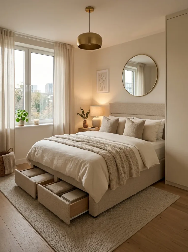 Elegant small bedroom with upholstered storage bed, hidden drawers, and clutter-free cozy styling.