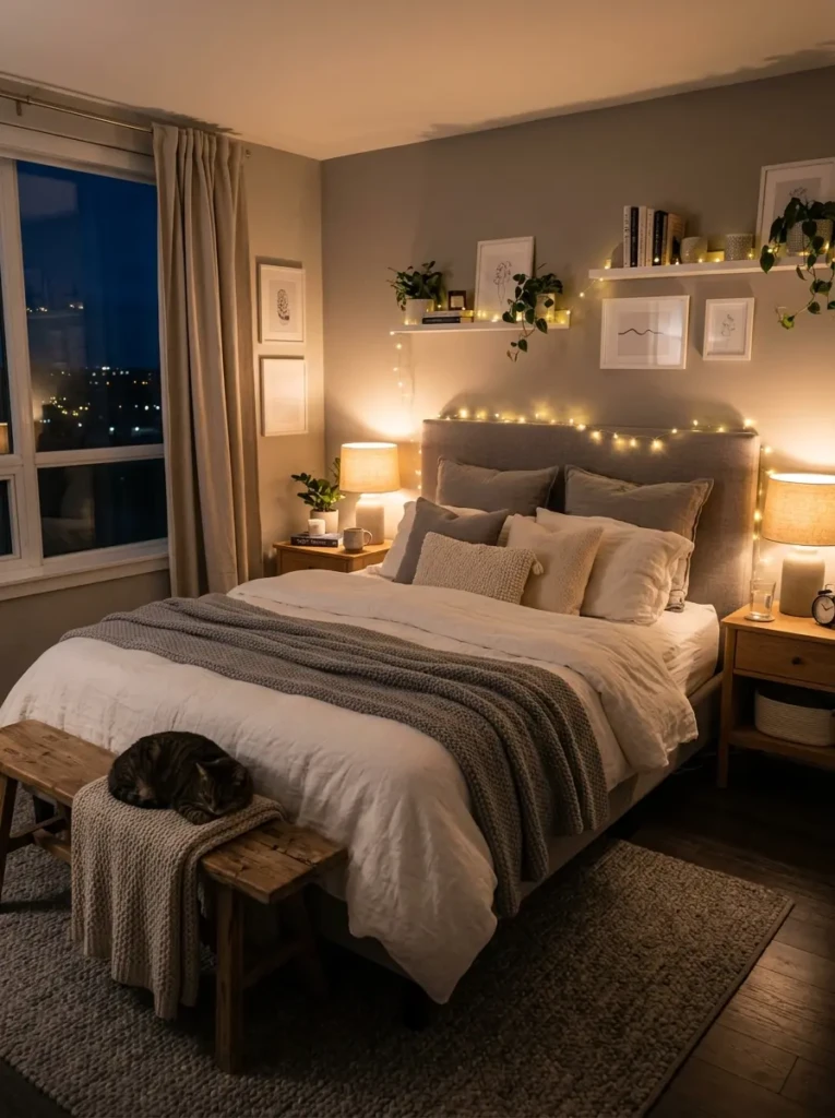 Grey and white bedroom with soft warm lighting bedside lamps and string lights creating a relaxing cozy ambiance