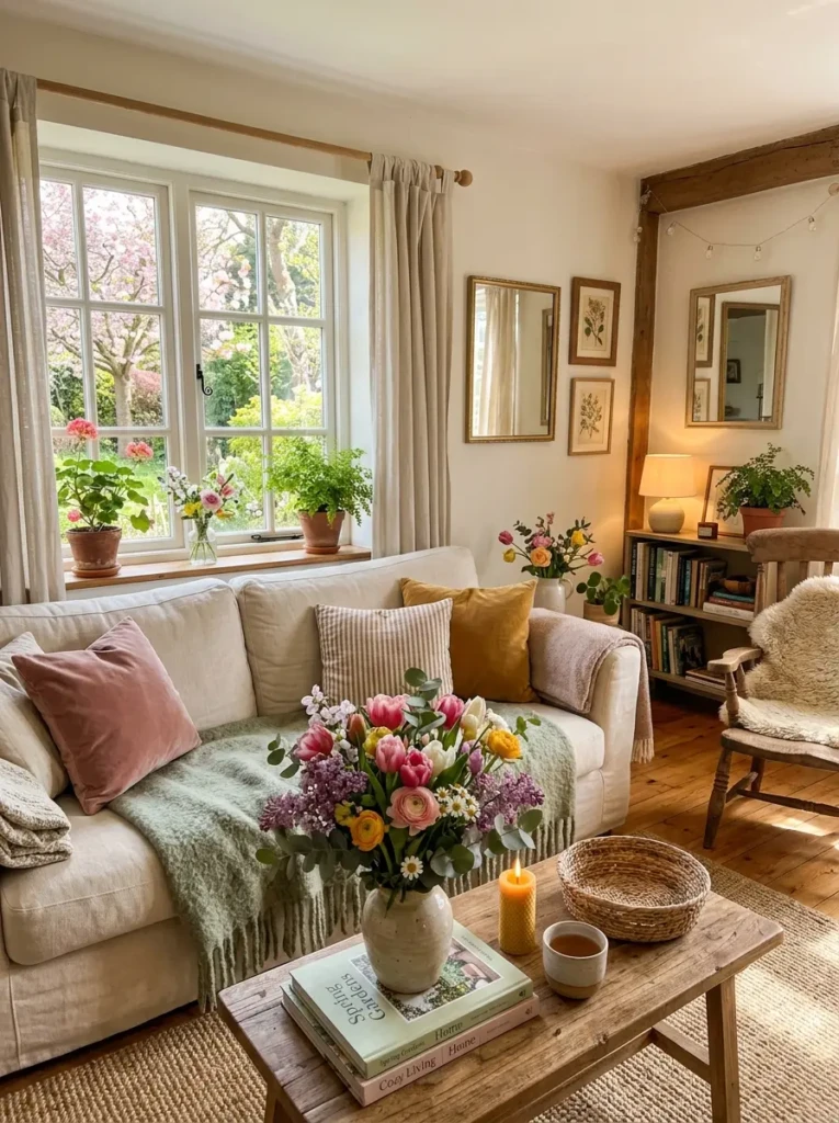 Warm spring home filled with sunlight, fresh flowers, and soft inviting textures