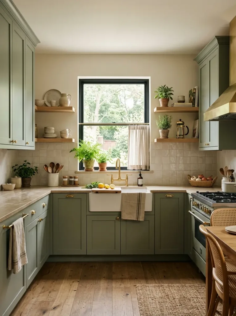Cozy kitchen with muted sage cabinets, brass fixtures, and soft natural light.