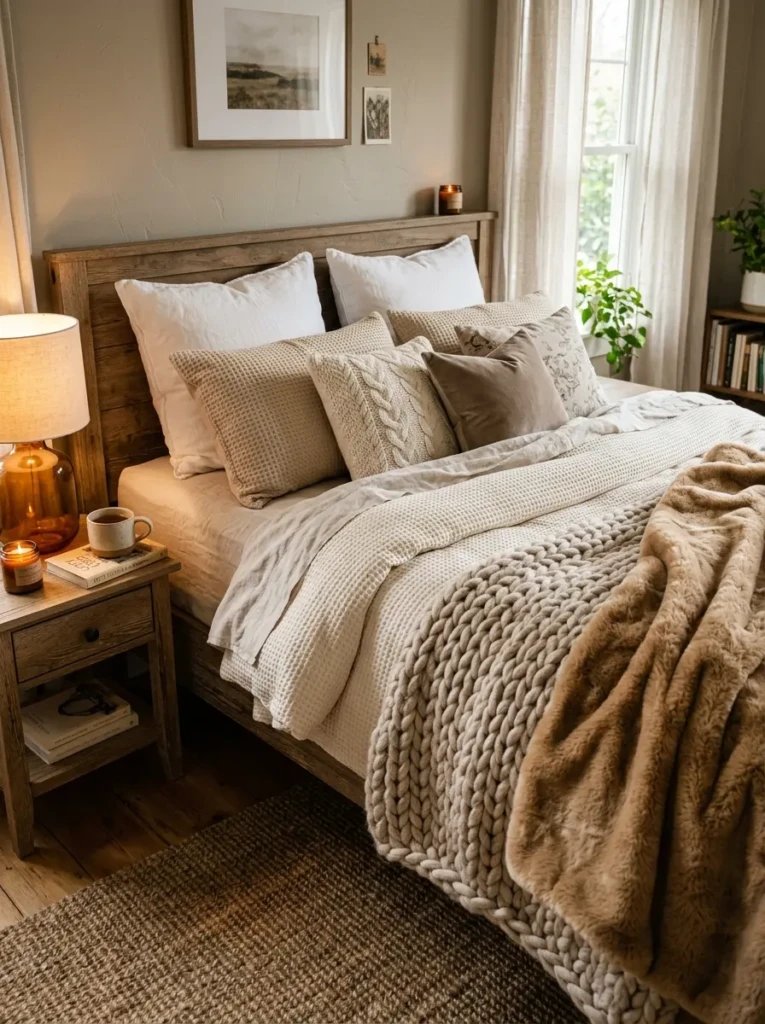 Warm inviting bed styled with chunky knit throws, faux fur blanket, and layered textured bedding