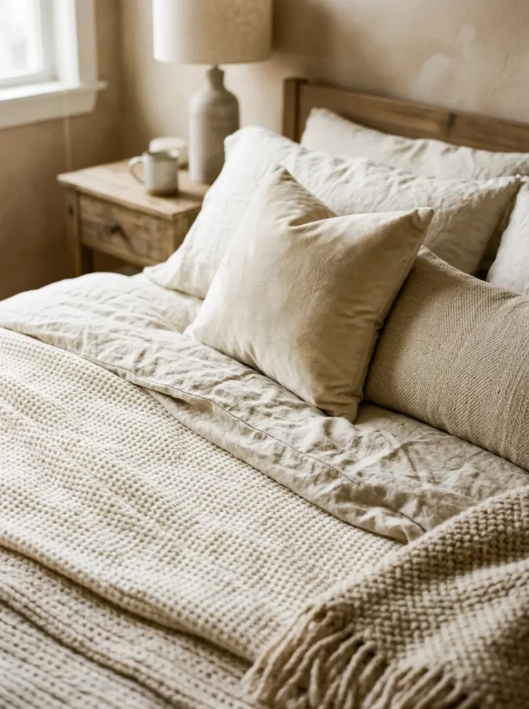 Bedroom featuring velvet cushions, knit throws, and warm cozy bedding textures