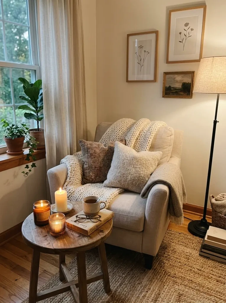 Inviting modern living room corner with candles, soft textures, and warm decor.