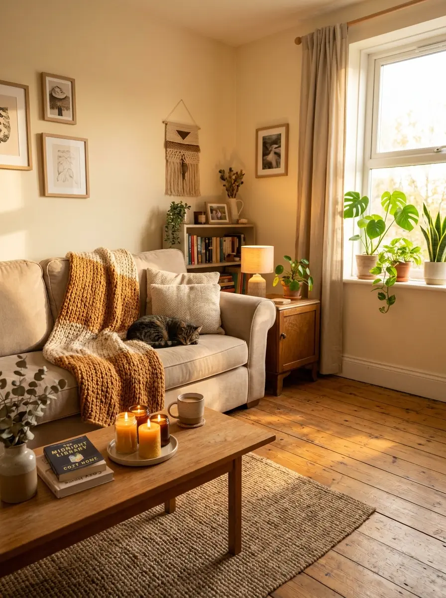 Cozy budget living room with beige sofa, warm throw blanket, candles, and golden sunlight on wooden floor.