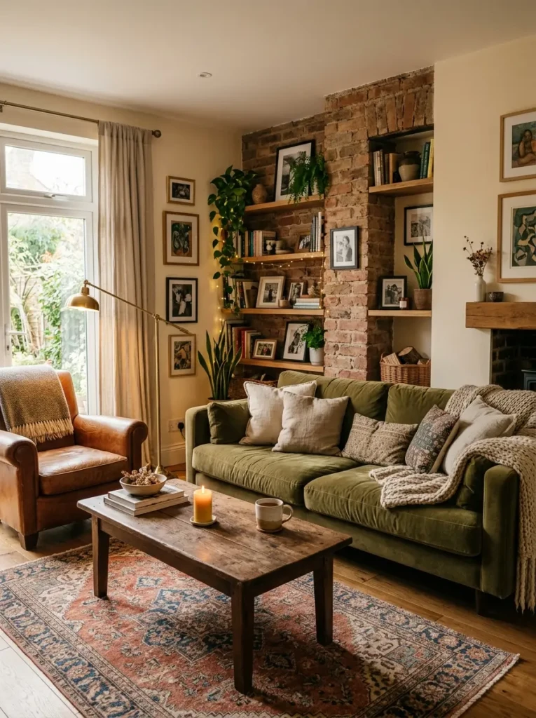 Elegant cozy living room with warm ambient lighting and inviting timeless decor.