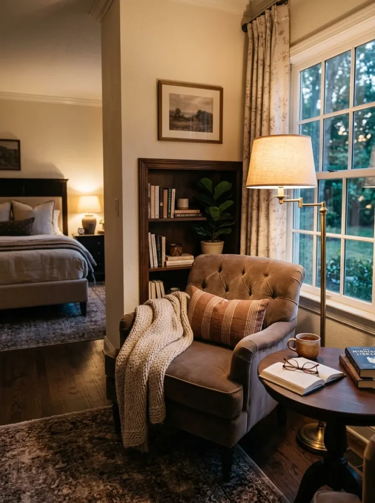 Cozy reading corner in a luxury bedroom with soft lighting and plush seating