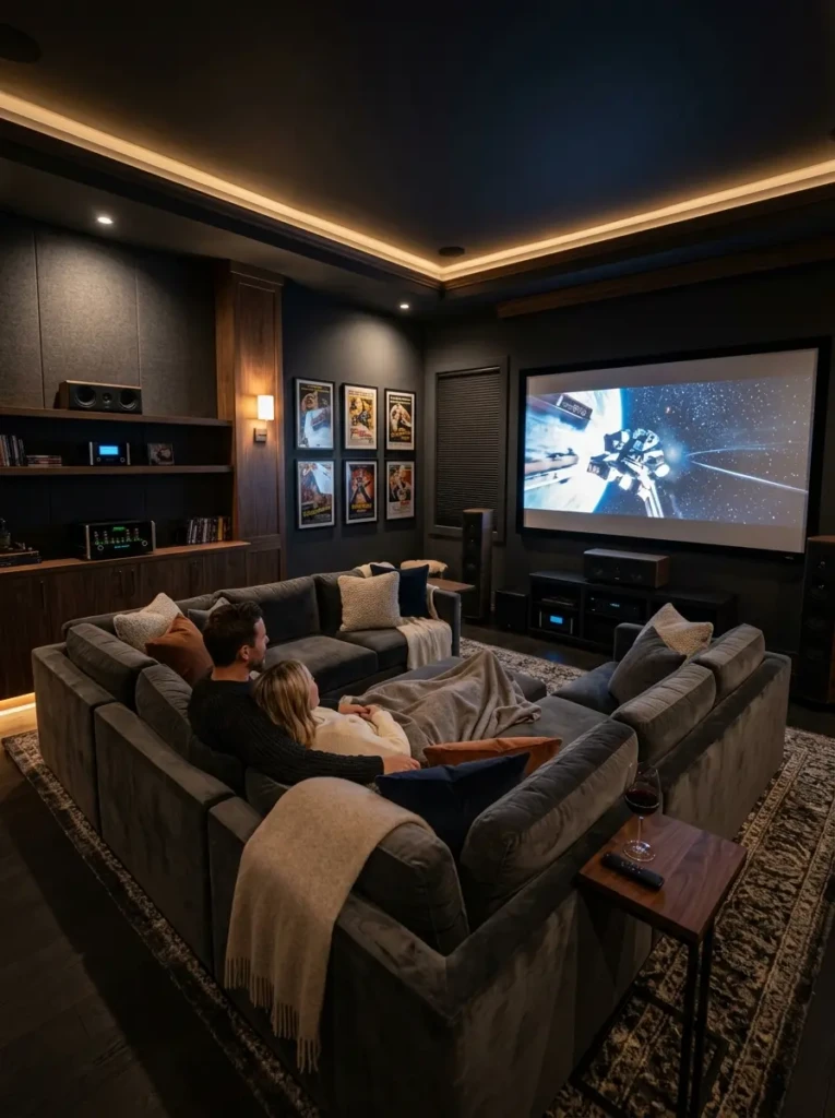 Comfortable media room with sectional seating, layered lighting, and cinematic atmosphere.