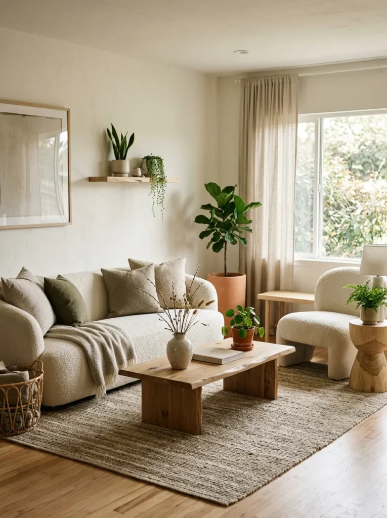 Cozy minimalist room with boucle textures, linen fabrics, and natural decor