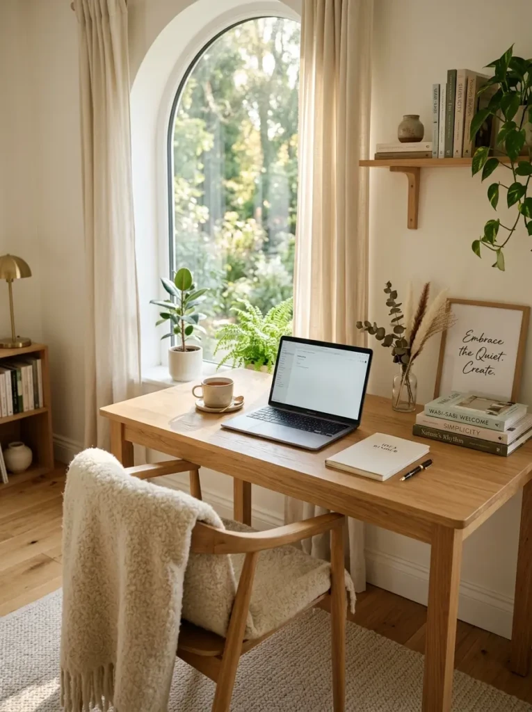 Cozy minimalist study setup with airy sunlight, warm wood furniture, and calming elegant atmosphere.