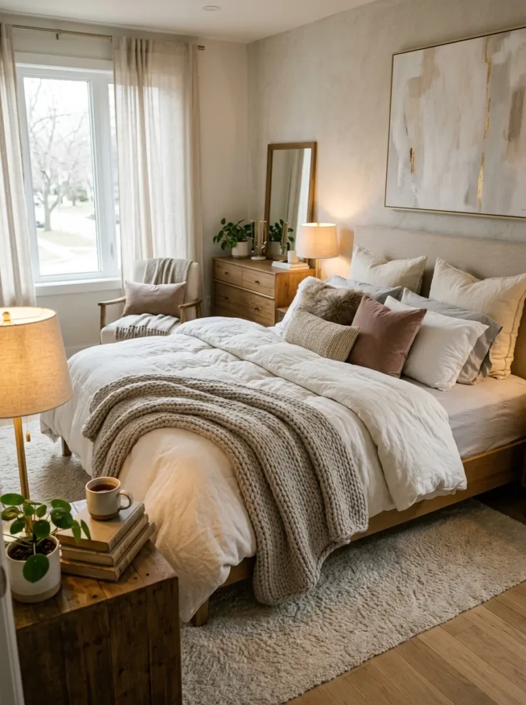 Warm cozy bedroom with layered bedding, fluffy pillows, soft textures, and inviting modern decor with elegant lighting
