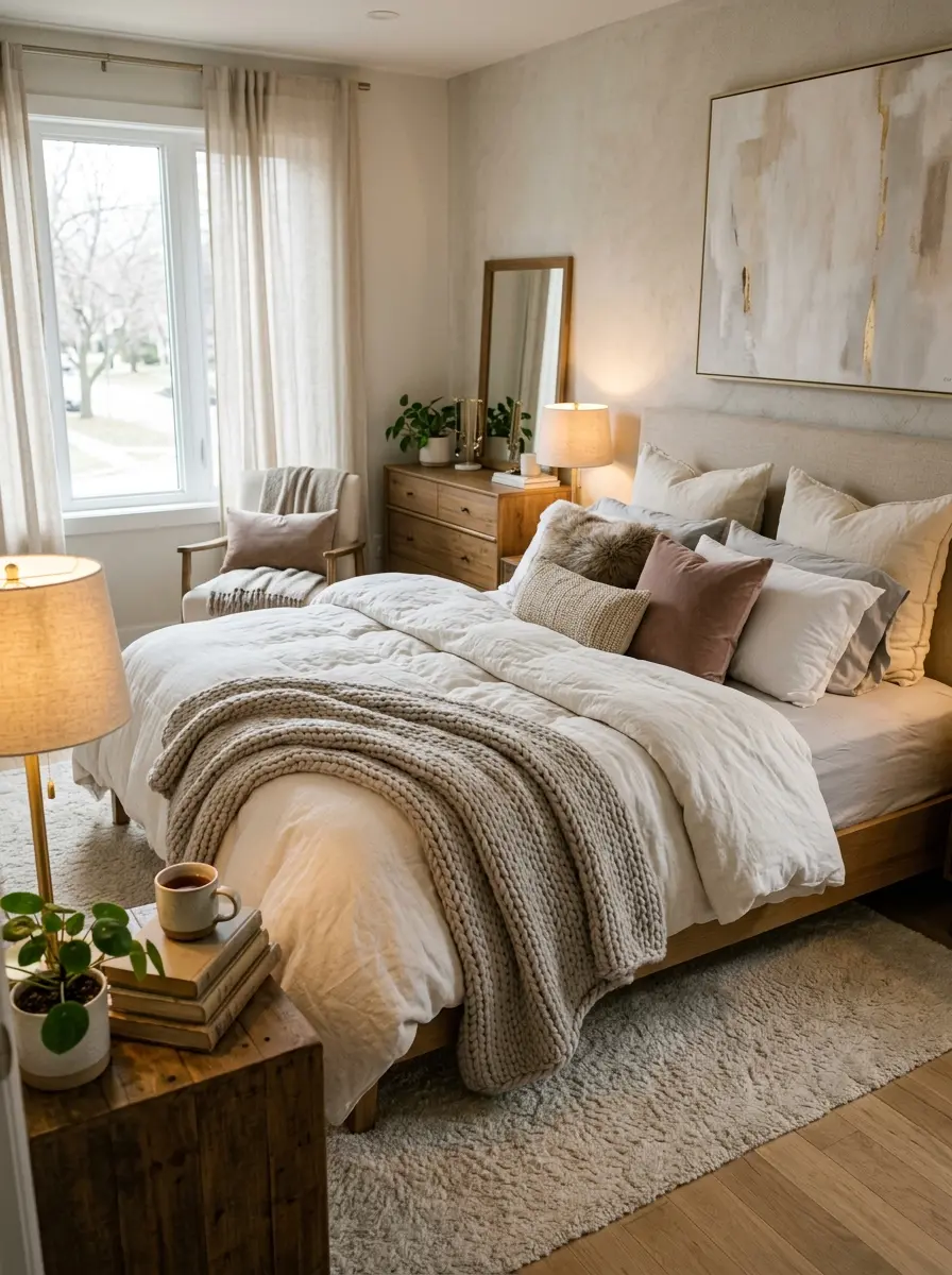 Warm cozy bedroom with layered bedding, fluffy pillows, soft textures, and inviting modern decor with elegant lighting