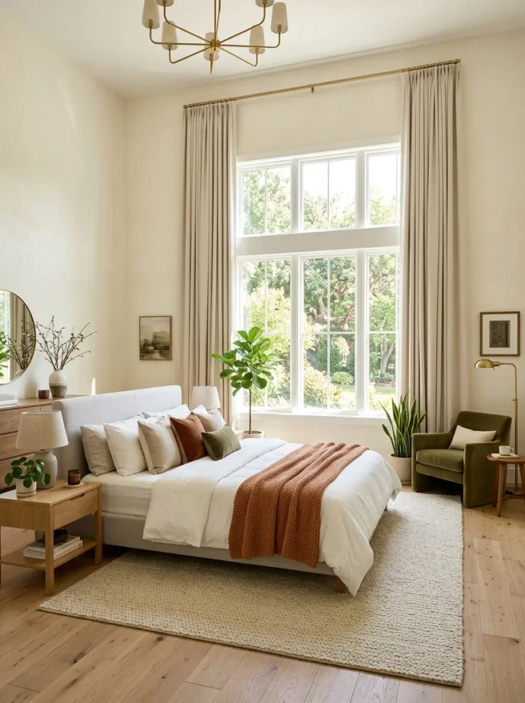 A modern bedroom with tall curtains and an elegant spacious feel.