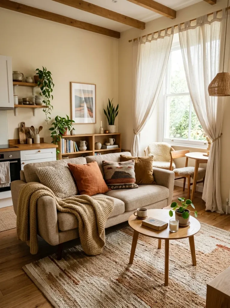 Open kitchen living room with woven rug, linen curtains, and layered cozy textures