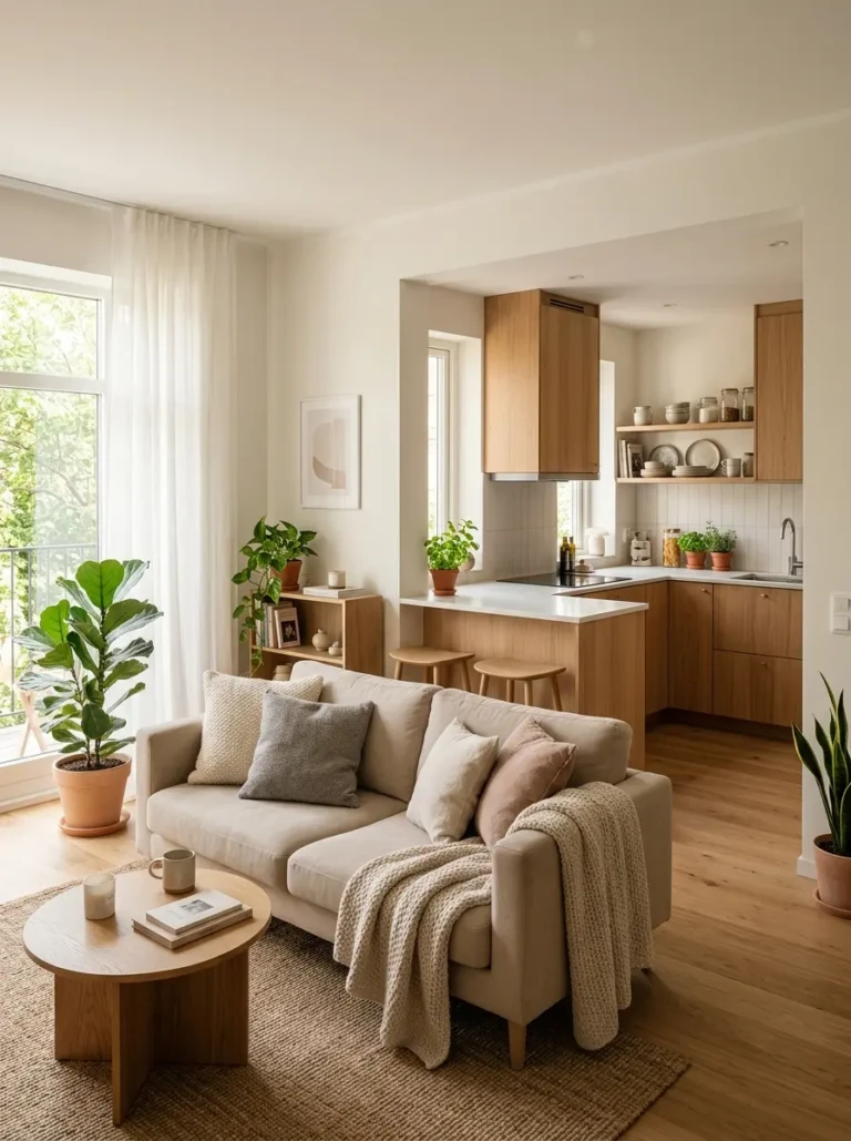 Cozy small open concept kitchen living room with warm tones, natural light, and seamless airy layout