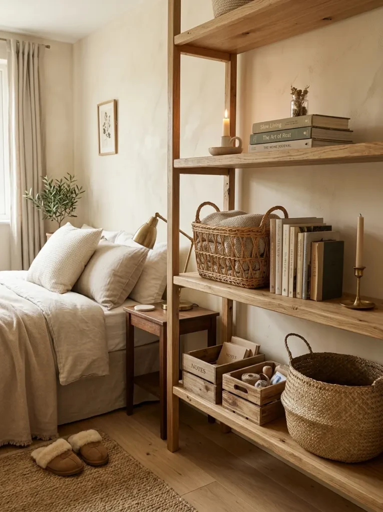Cozy organized bedroom with woven baskets, shelves, candles, and wooden storage