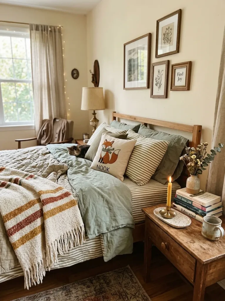 Cozy bed with layered bedding, books, ceramic tray, candle, vase, framed art, handmade throw, and quirky accent pillow.