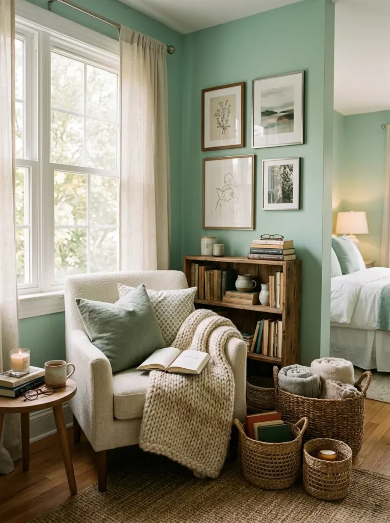 Cozy reading corner with blankets and woven baskets in mint green bedroom
