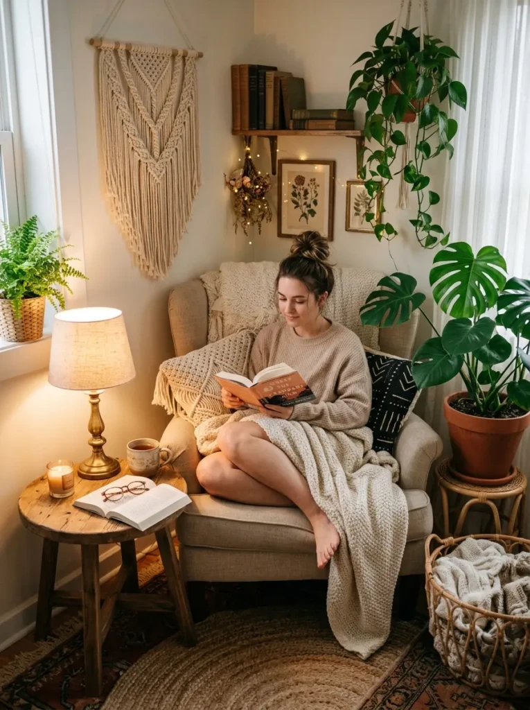 Small boho reading corner with chair, blanket, soft lighting, and plant creating a peaceful relaxing space