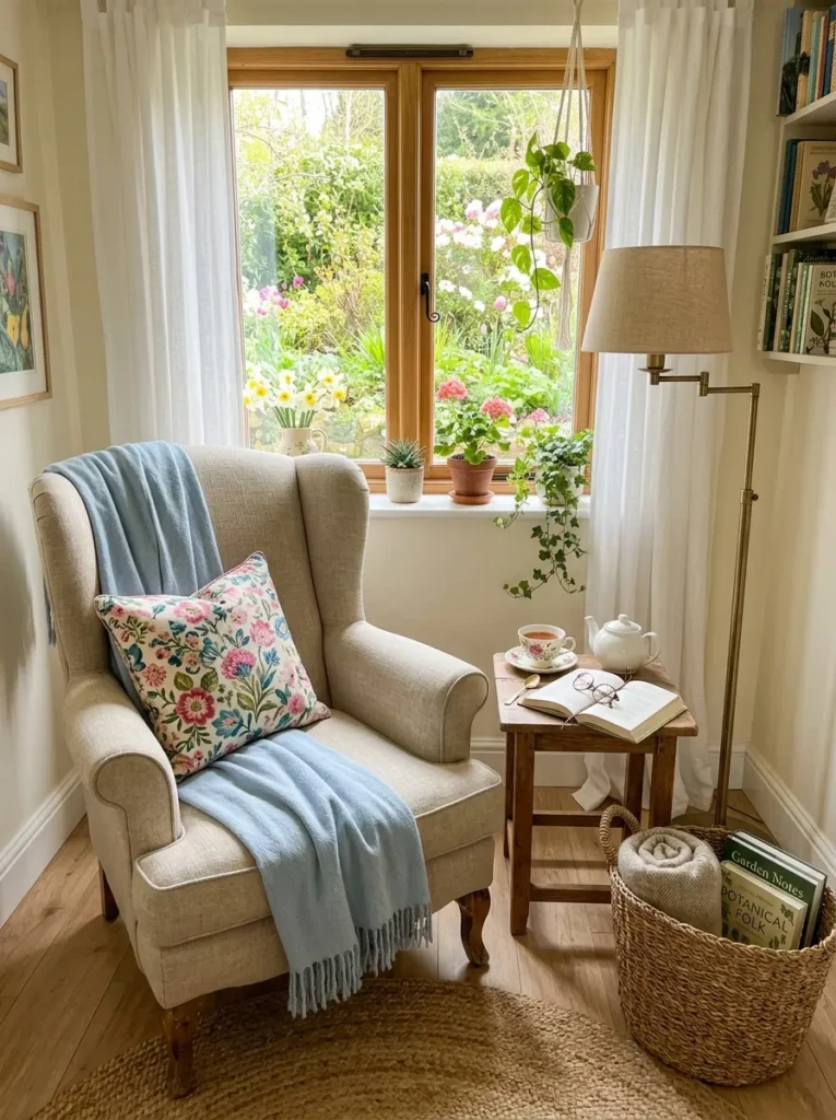 Comfortable spring reading corner with an armchair, light throw, floral pillow, side table, tea, book, plant, and woven basket.
