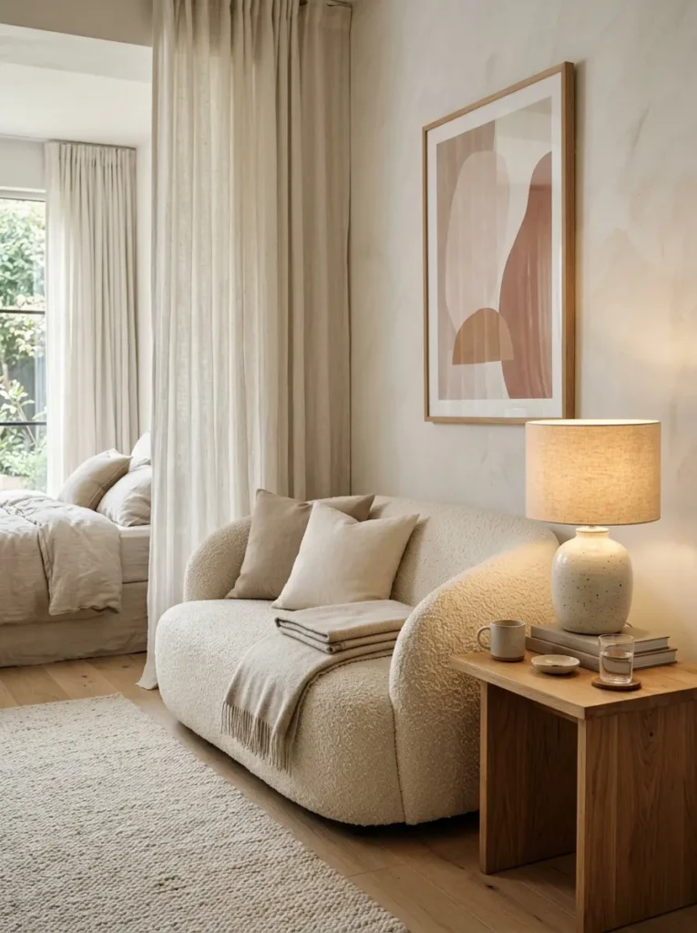 Cream boucle sofa in a bedroom corner with a wooden side table, ceramic lamp, and linen curtains.